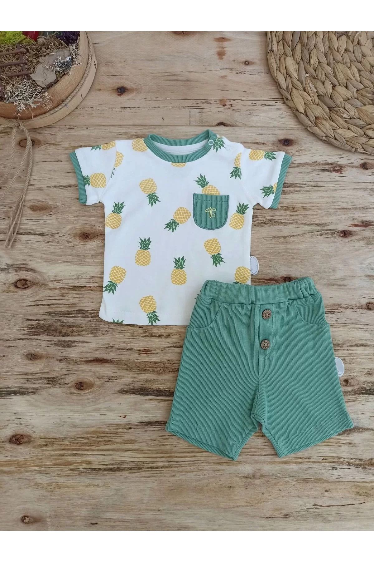 onlinebutik Ananas Baskılı Şort Tişört 2 Li Kız Erkek Bebek Takımı Yeşil