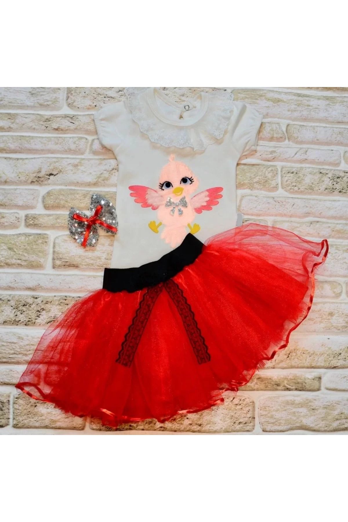 onlinebutik Toka Hediyeli Kuş Desenli Tişört Tütü Etek 2li Kız Bebek Takımı Kırmızı