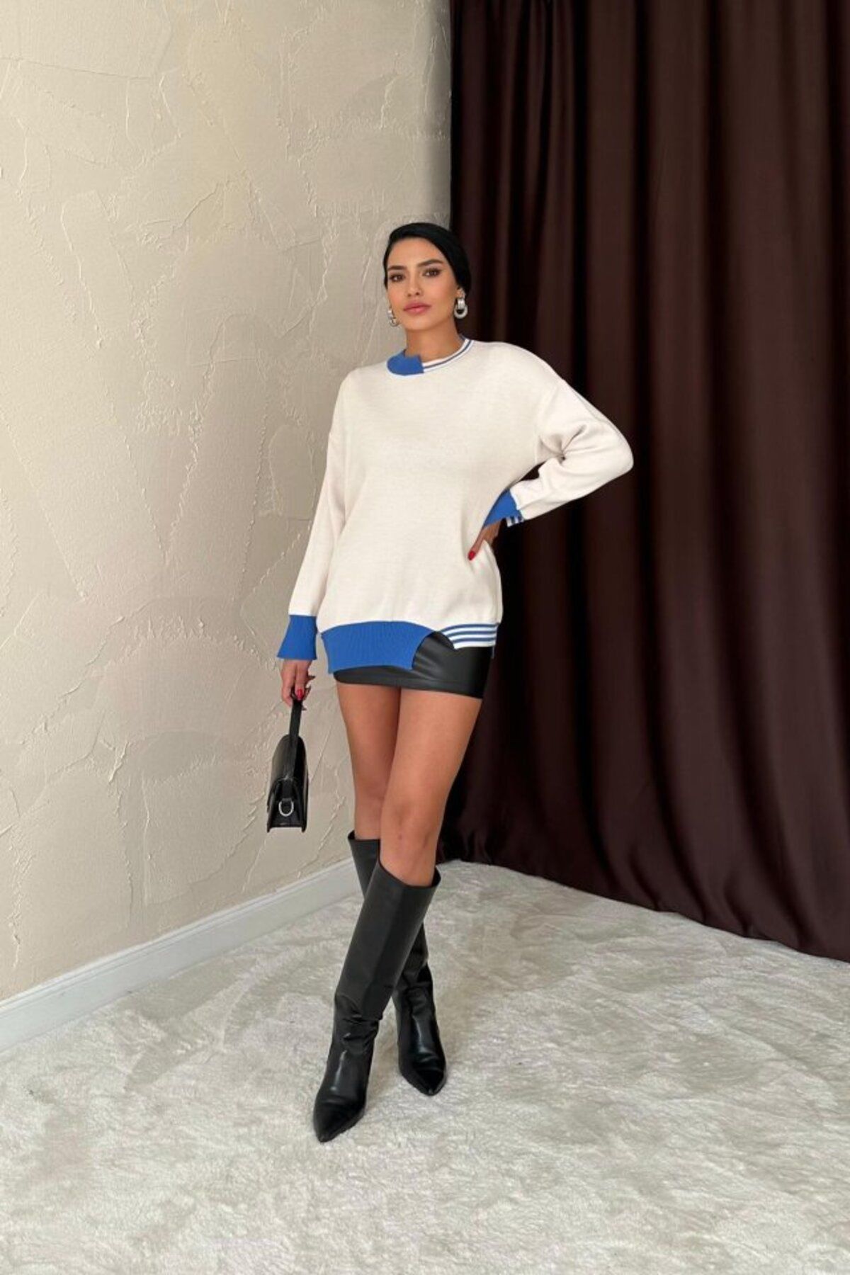 POLEXP Mavi Yaka Ve Manşet Garnili Triko Kazak