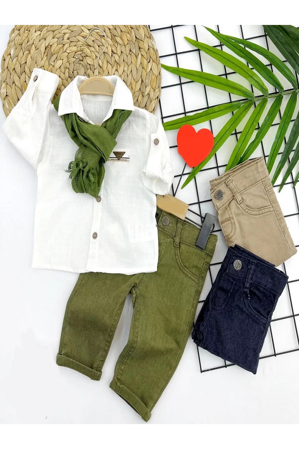 onlinebutik Fularlı Pamuk Keten Gömlekli Pantolonlu 3lü Erkek Bebek Takımı Yeşil