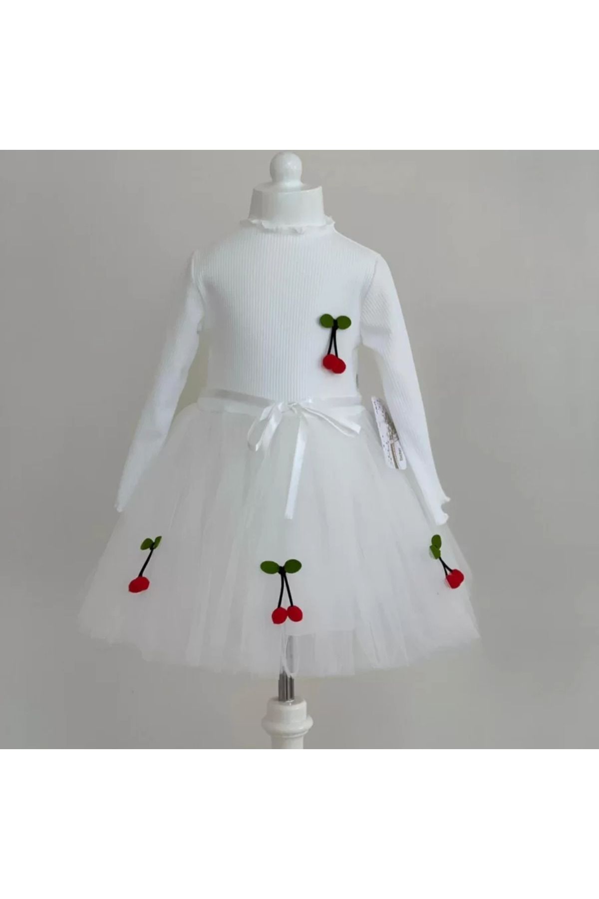 onlinebutik Kiraz Desenli Kurdela Kuşaklı Astarlı Uzun Kollu Kız Çocuk Tütü Elbise Beyaz