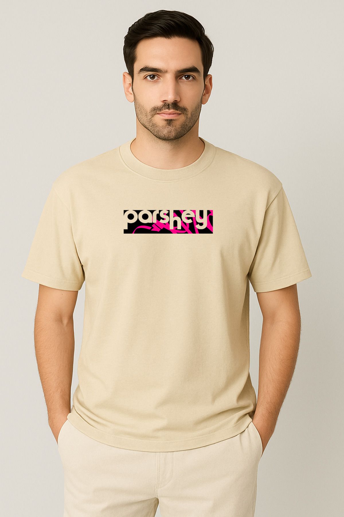 PARSHEY Erkek - Kadın Unisex PARSHEY Pink Street Logo Baskılı Bisiklet Yaka %100 Pamuk Oversize T-shirt