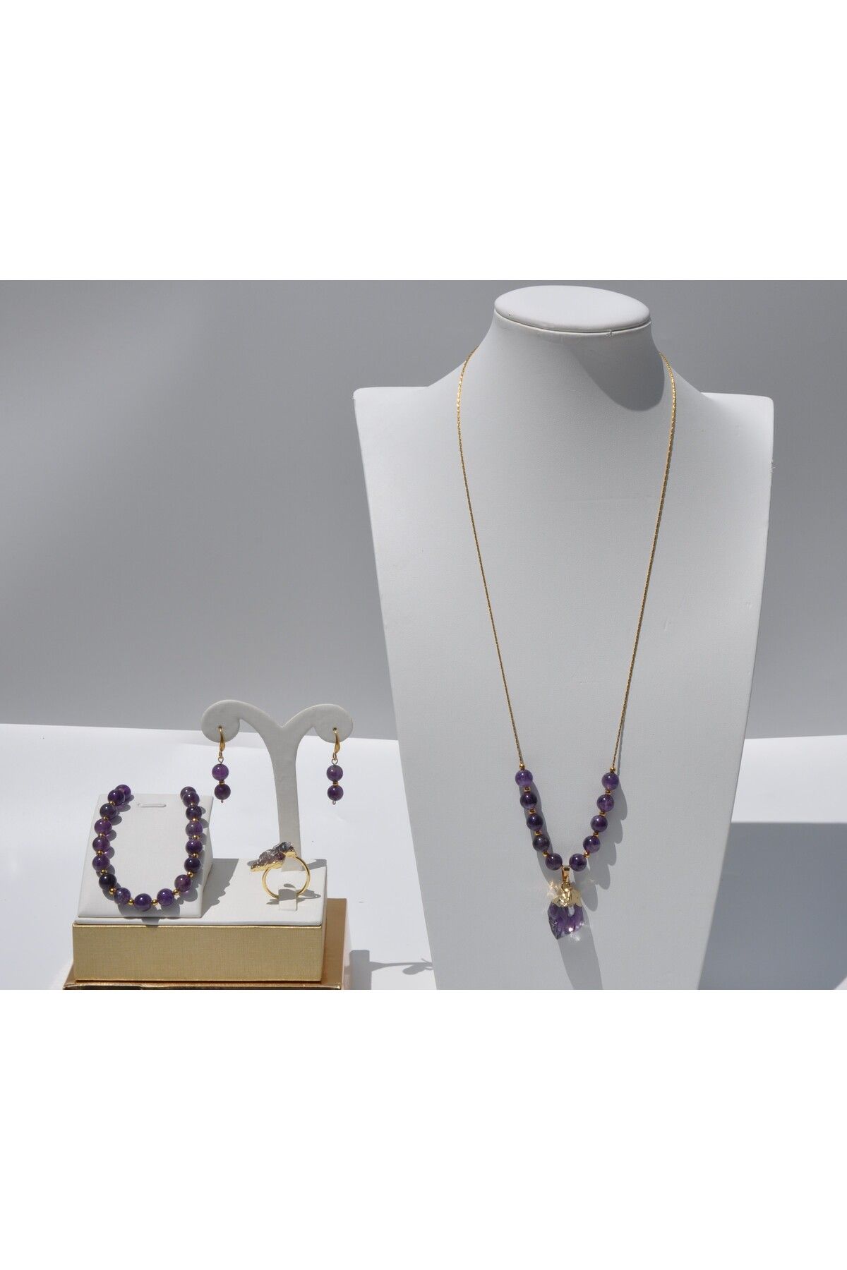 Nilfu Atelier AMETİST DOĞAL TAŞ KOLYE BİLEKLİK YÜZÜK KÜPE SET