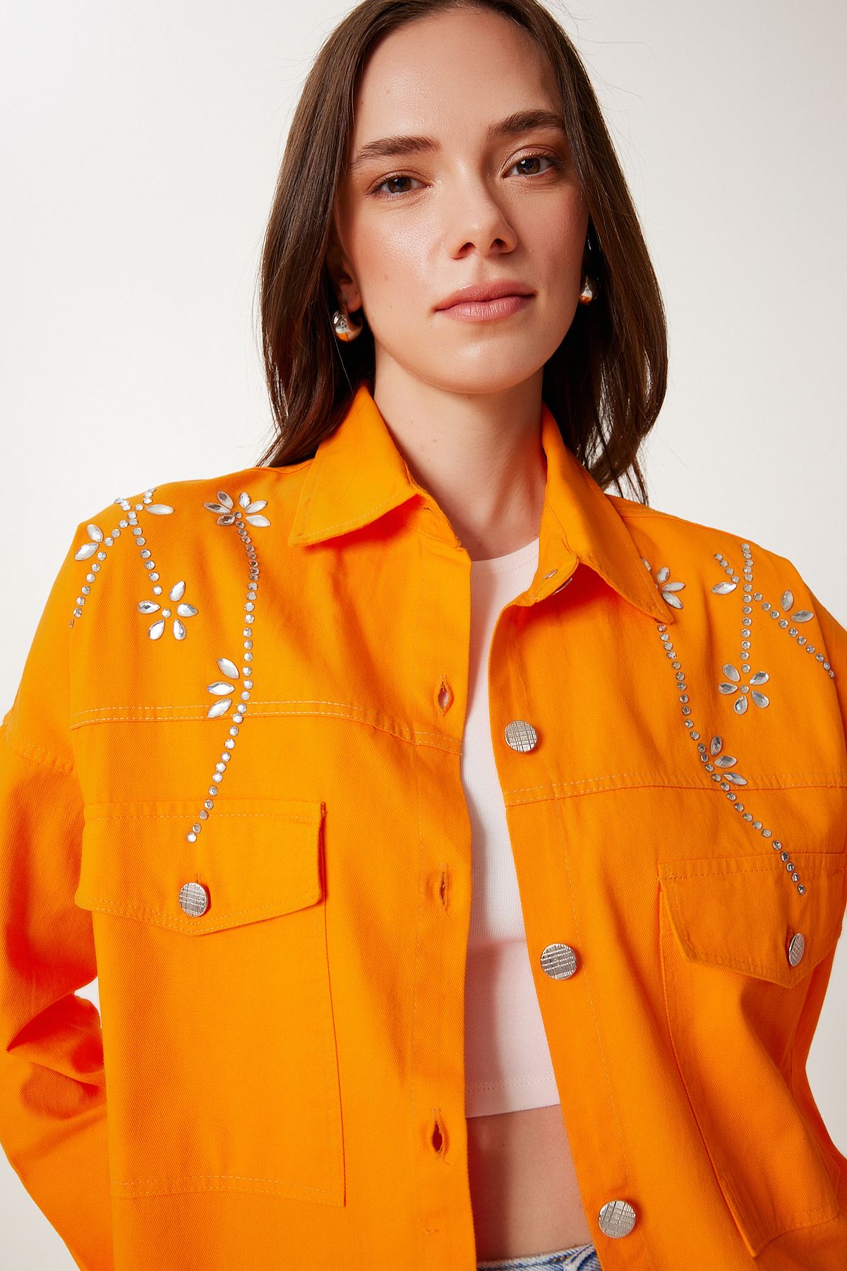 Happiness İstanbul Kadın Oranj Taşlı Oversize Gabardin Gömlek Ceket SA00040