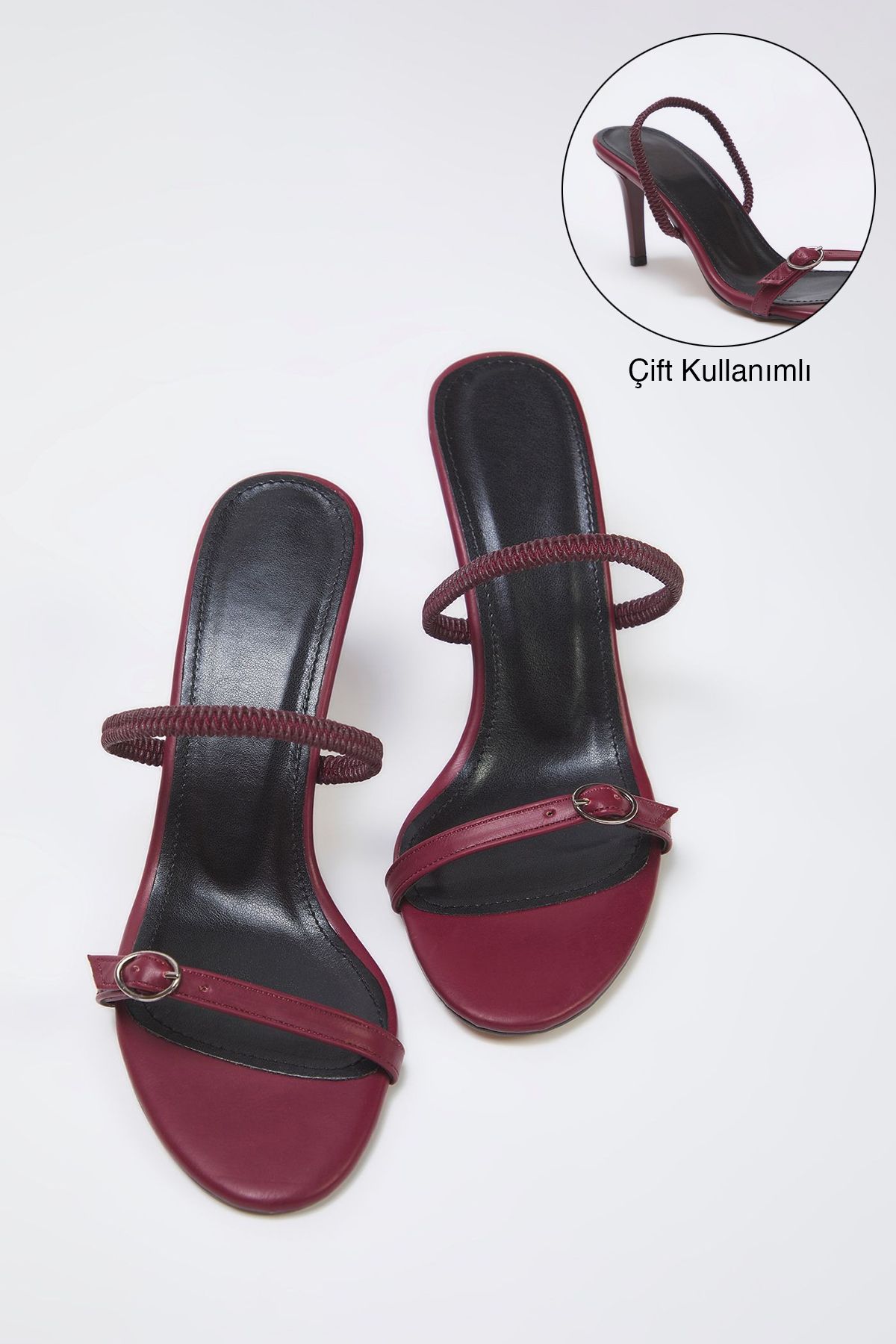 TRENDYOL SHOES Burgundowe Klamry, Szczegółowe, Podwójne Zastosowanie, Cienkie, Damskie Sandały Na Obcasie Z Migdałowym Noskiem Kobieta - 38