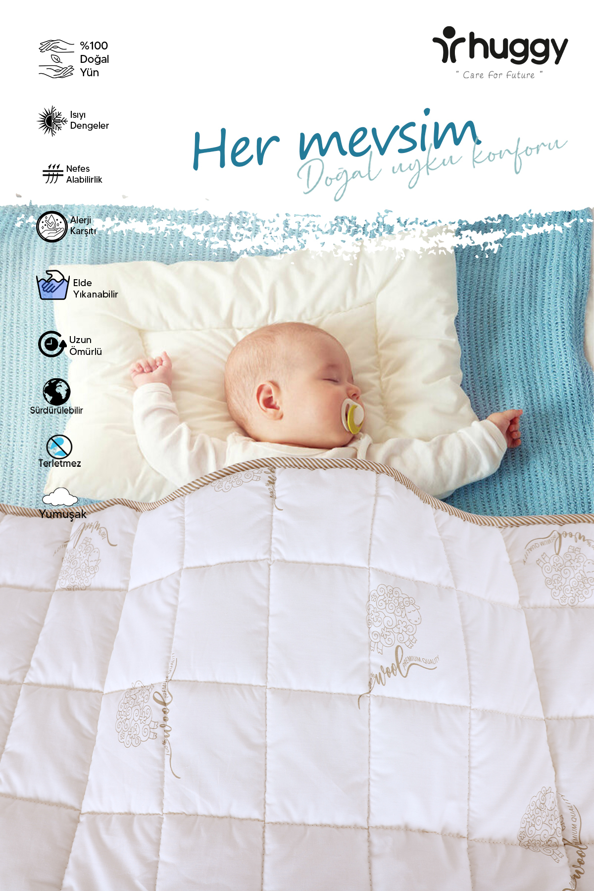 Huggy 75x125 Bebek Yorganı – %100 Yeni Zelanda Kuzu Yünü, %100 Pamuk Kumaş