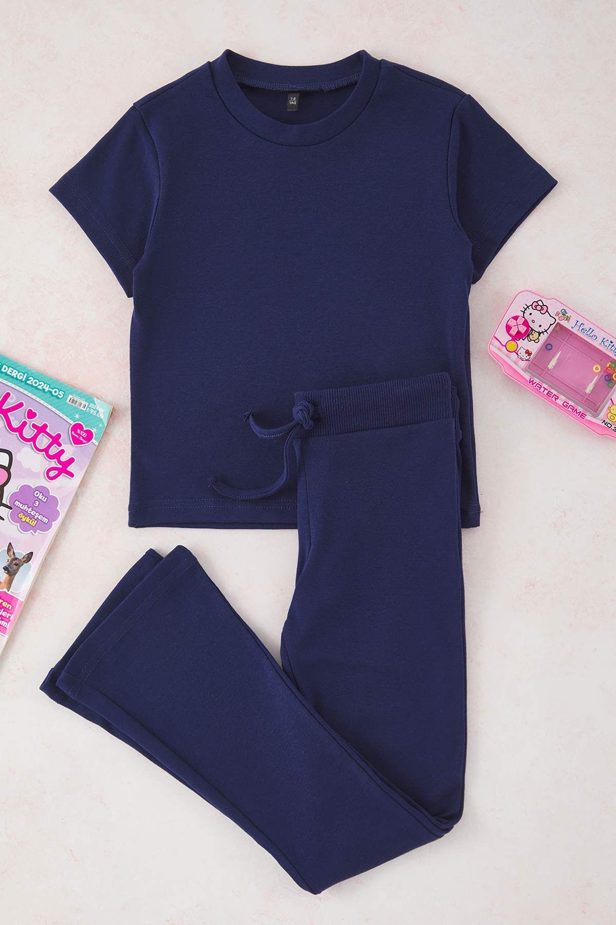 TRENDYOLKIDS-Sötétkék női gyermek 100% pamut Basic flare láb rövid ujjú rugalmas kötött alsó felső öltöny TKDSS25AU00136 2