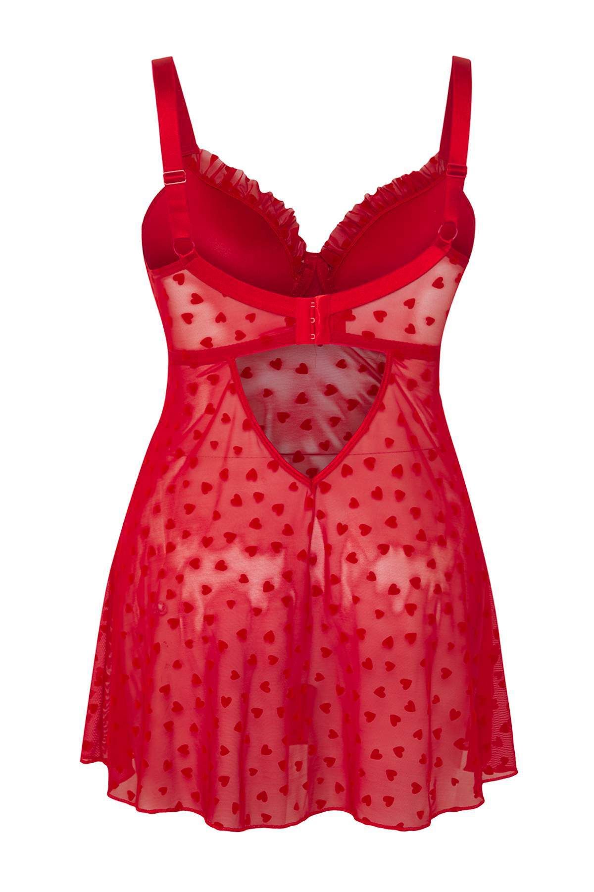 Trendyol Curve-Red Fixed Covered Adjustable Strap Flocked Heart Pattern Plus Size Babydoll Tbbss25Dh00000 4