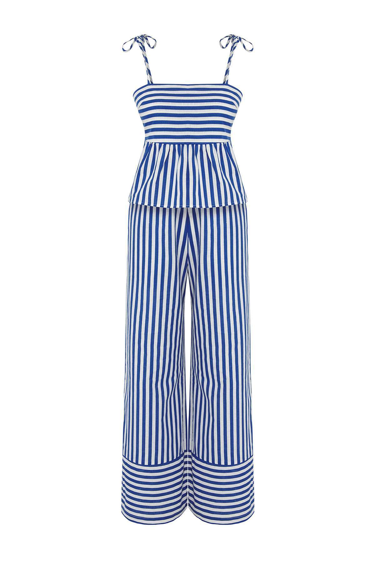 Trendyolmilla  Mavi Çizgili Dokuma %100 Pamuk Plaj Bluz-Pantolon Takım TBESS25AU00108 - Görsel 5