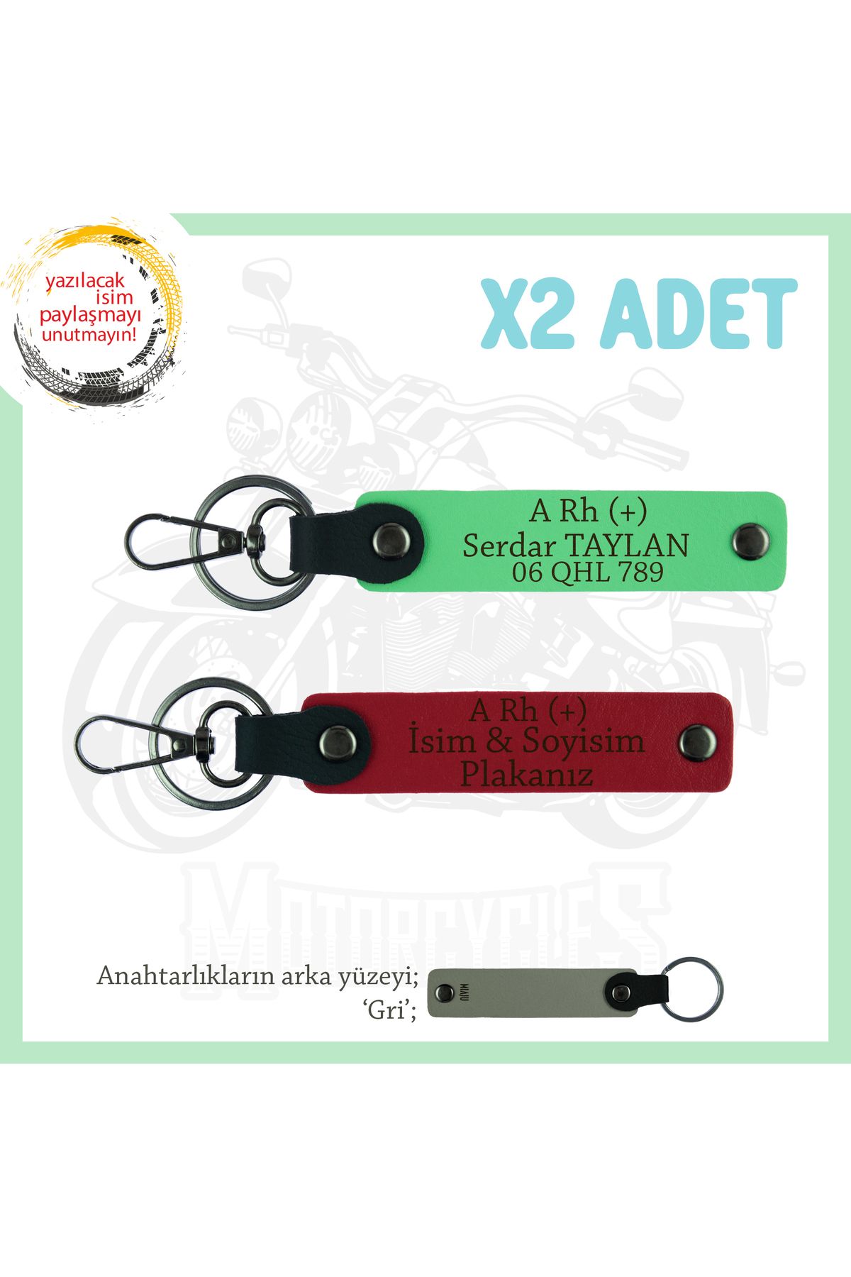 Miaju Motor Tutkunlarına, İsim Plaka ve A Rh (+) Kan Grubu Yazılı, x2 Anahtarlık Set, Kırmızı-F Yeşil-Gr