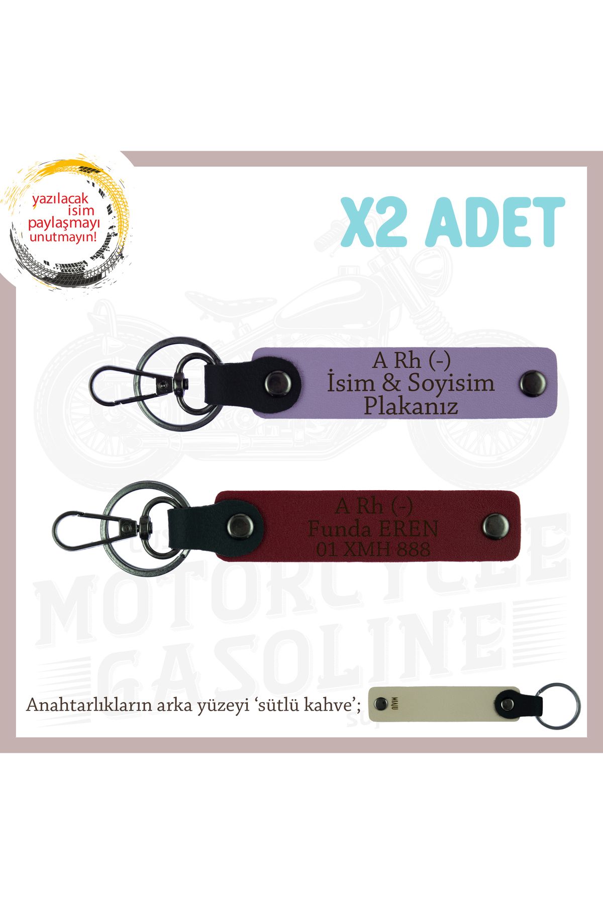 Miaju Motorsikletçilere Özel, İsim Plaka ve A Rh (-) Kan Grubu Yazılı x2' li Anahtarlık Set, Mor-Bordo-SK