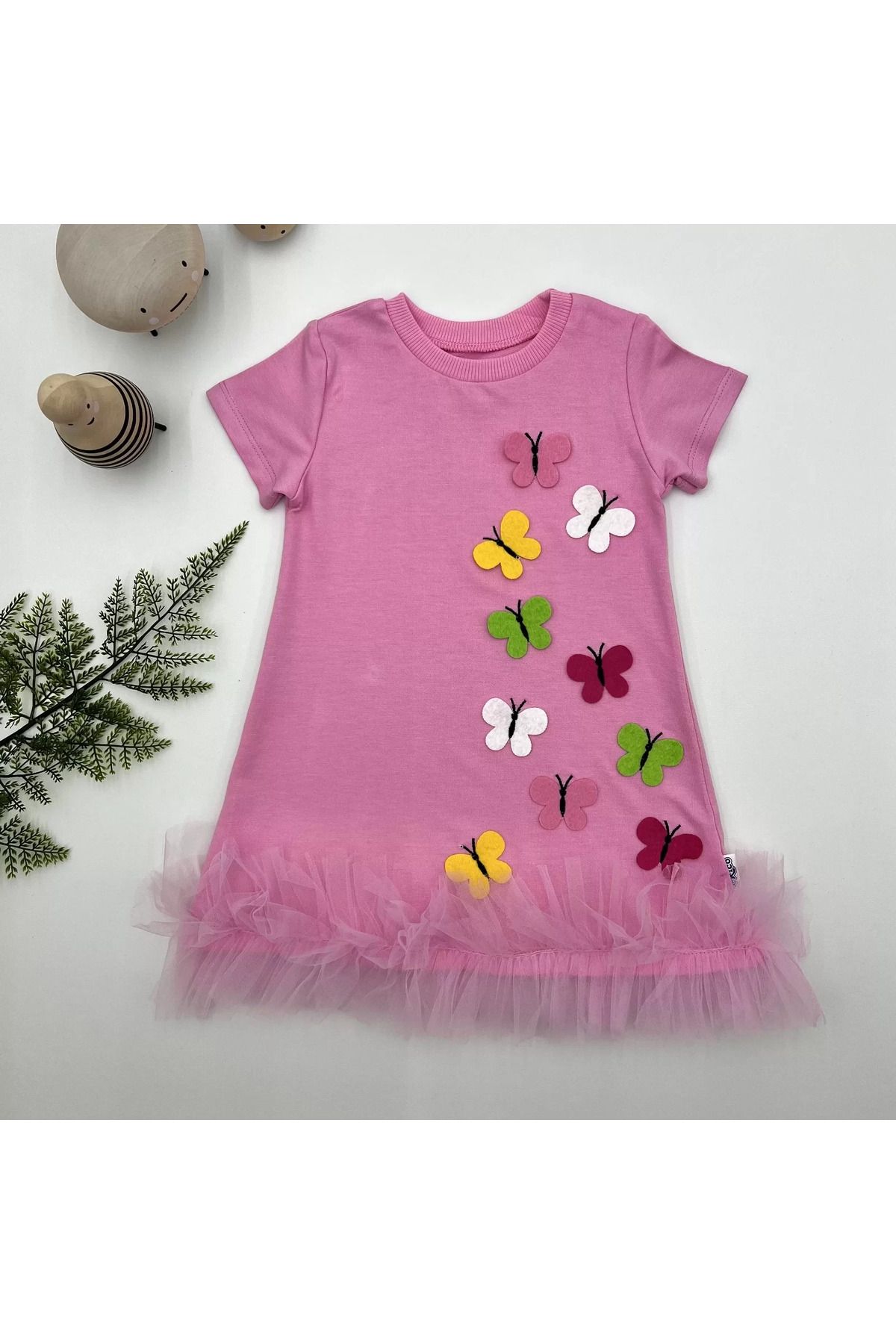 onlinebutik Renkli Kelebekler Nakışlı Eteği Fırfırlı Jile Çocuk Elbisesi Pembe
