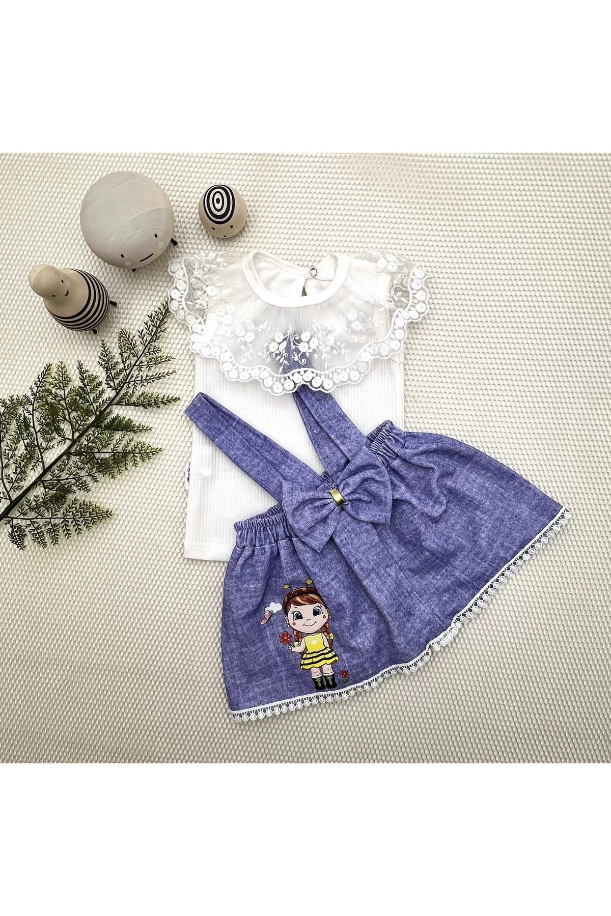 onlinebutik Ban Arı Nakışlı Kot Desenli Etek Pamuklu Kumaş 2li Kız Bebek Salopet Takımı Mavi