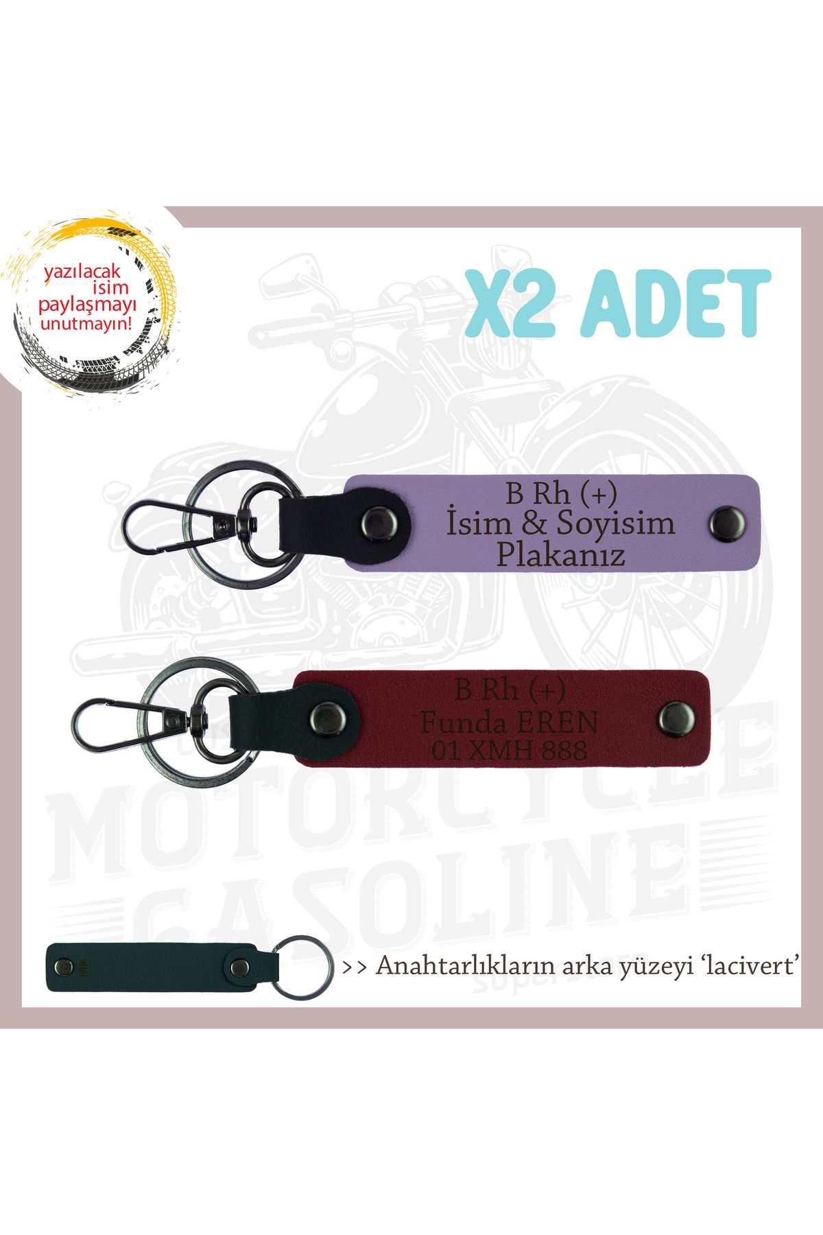 Miaju Motor Tutkunlarına Özel, İsim Plaka ve B Rh (+) Kan Grubu Yazılı 2'li Anahtarlık, Mor-Bordo-Laci