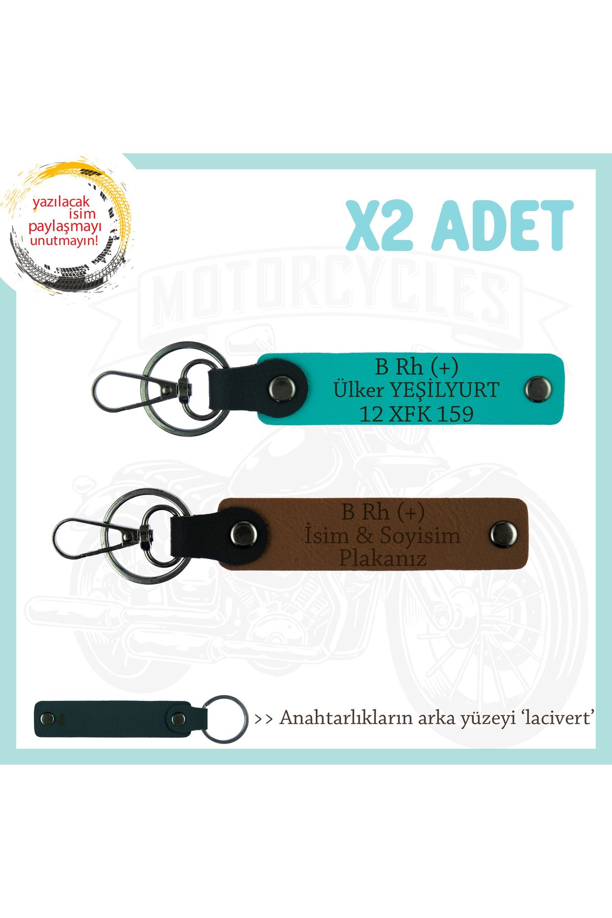 Miaju Hız Tutkunlarına, İsim Plaka ve B+ Kan Grubu Yazılı Kişiye Özel x2 Anahtarlık, Kahve-K Turkuaz-Laci