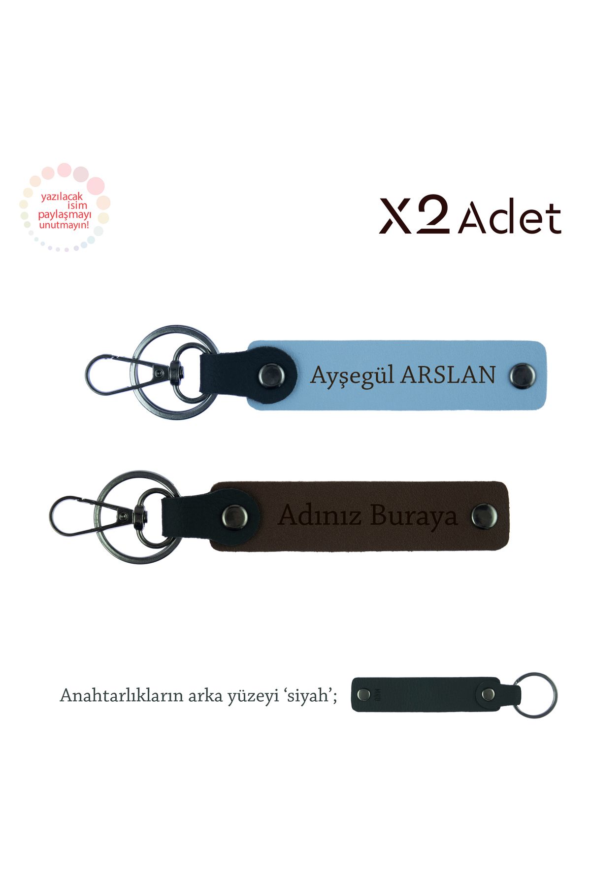 Miaju Arkadaşa Mezuniyet Hediyesi, İsim Yazılı 2’li Anahtarlık Seti, Koyu Kahve-Gök Mavi-Siyah