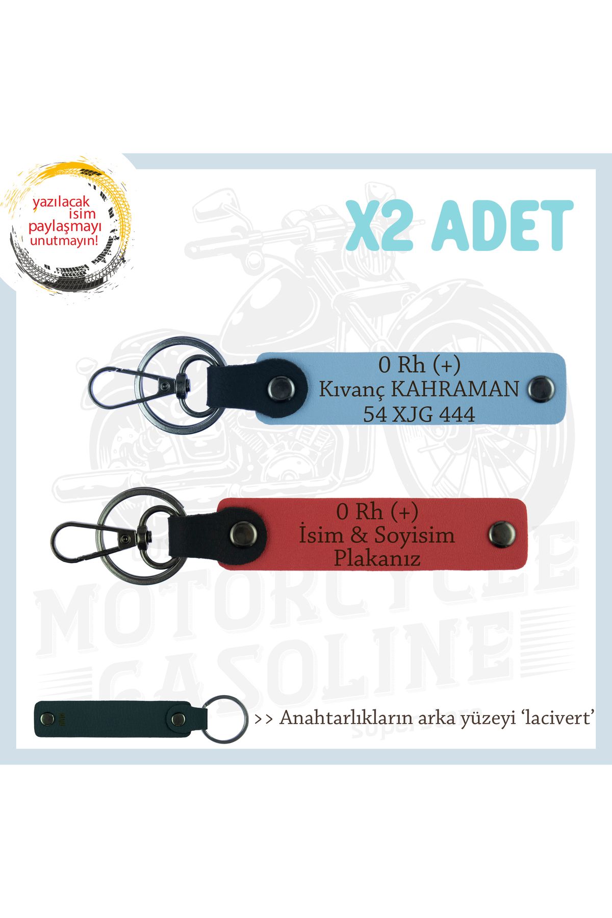Miaju Yol Arkadaşları İçin, İsim Plaka ve 0+ Kan Grubu Kişiye Özel x2 Anahtarlık Set, Nar Çiçeği-Mavi-Laci