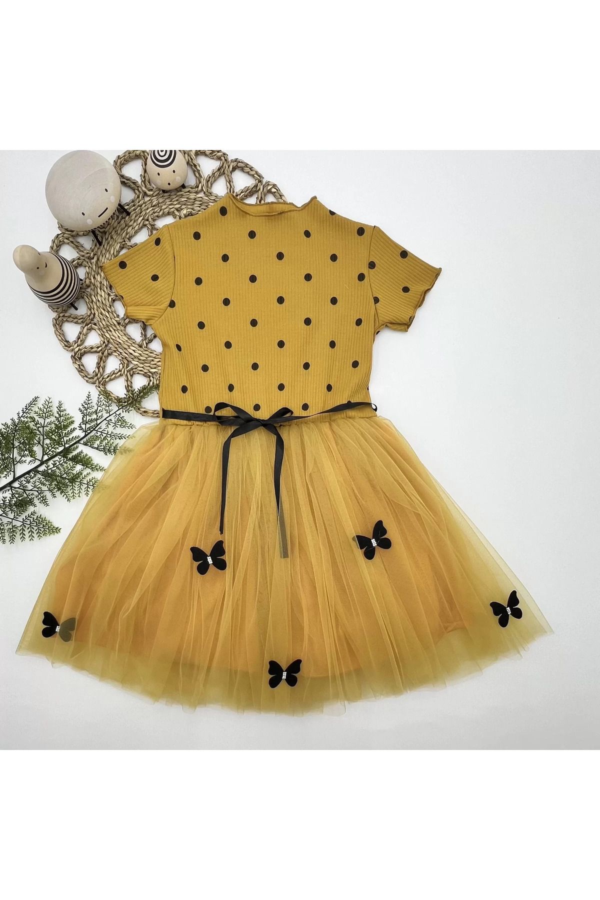 onlinebutik Puantiyeli Kelebek Etekli Astarlı Kız Çocuk Elbisesi Hardal
