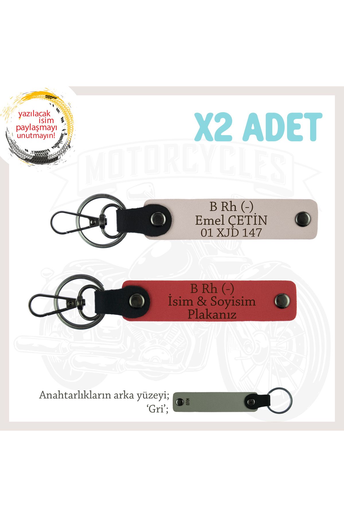 Miaju Motor Tutkunlarına Özel, İsim Plaka ve B Rh (-) Kan Grubu Yazılı x2 Anahtarlık, Nar Çiçeği-Pudra-Gr