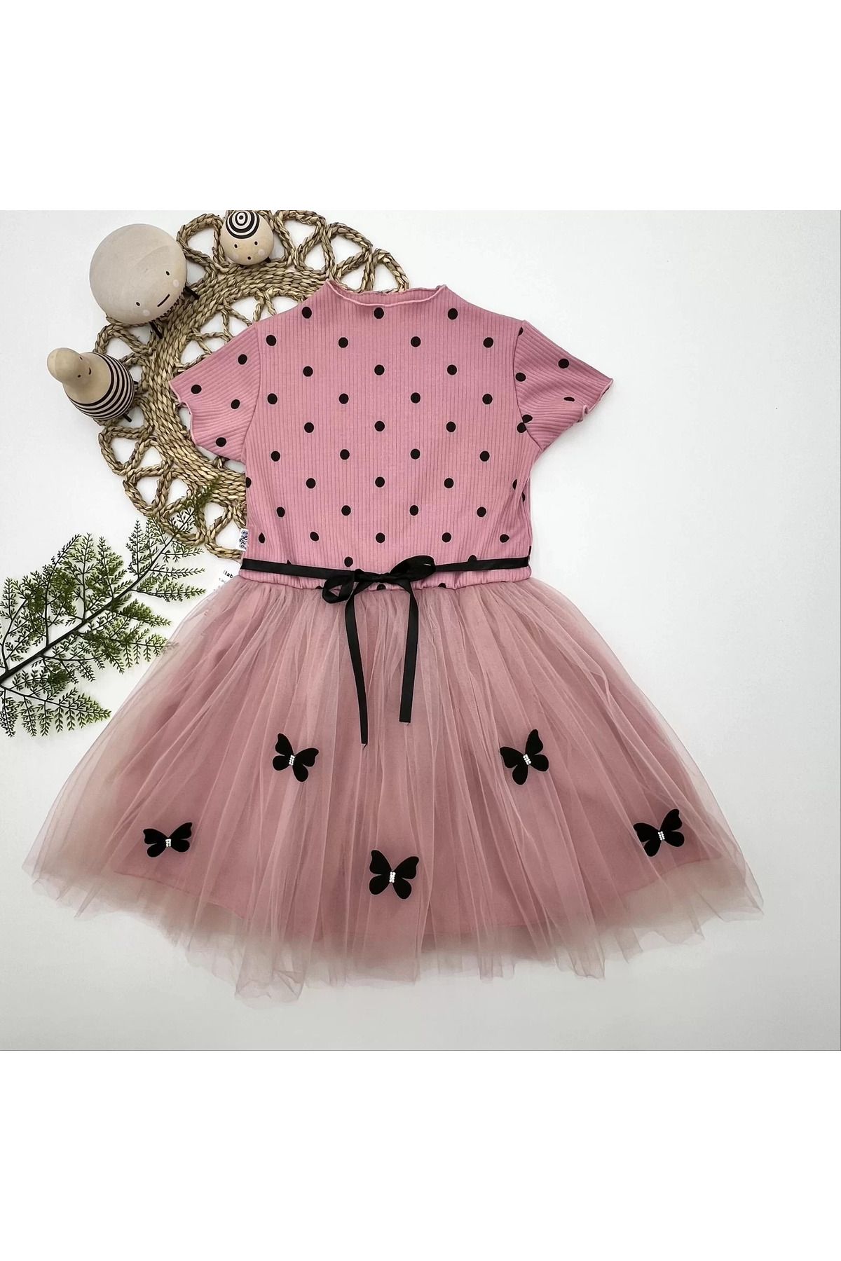 onlinebutik Puantiyeli Kelebek Etekli Astarlı Kız Çocuk Elbisesi Gül Kurusu