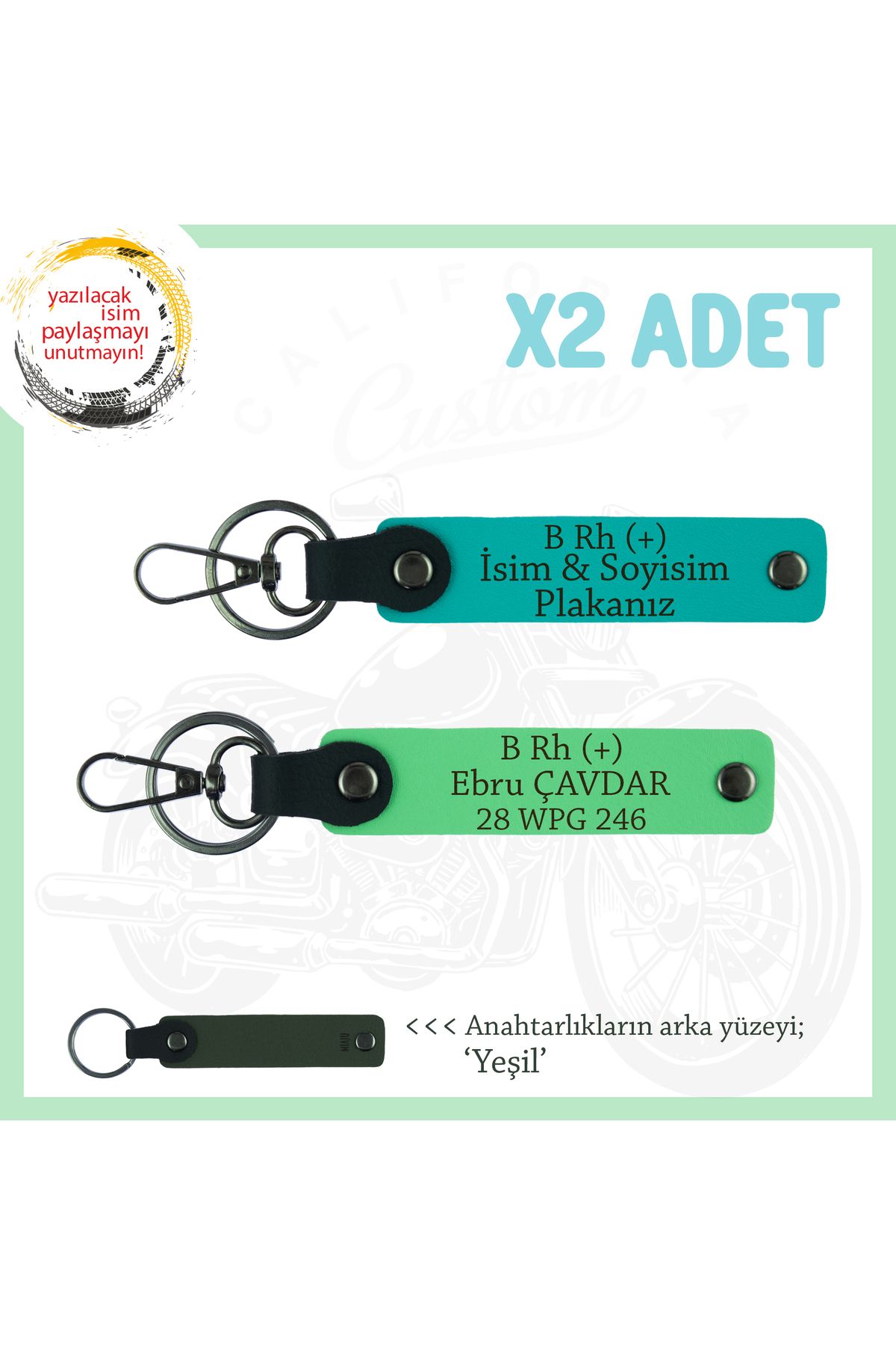 Miaju Motosikleçiye Hediye, İsim Plaka ve B + Kan Grubu Yazılı x2 Anahtarlık, K Turkuaz-F Yeşil-Ysl
