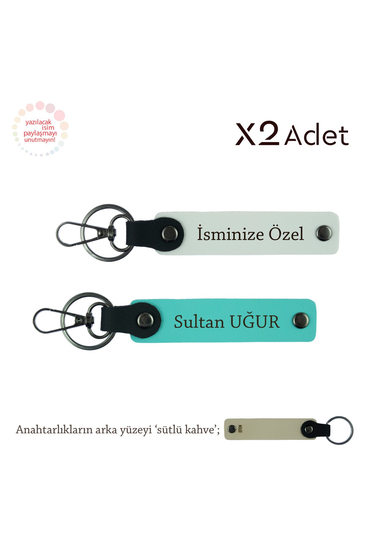 Miaju Kız Kardeşe Anlamlı Hediye, İsim Yazılı 2’li Anahtarlık Seti, Beyaz-Turkuaz-Sütlü Kahve