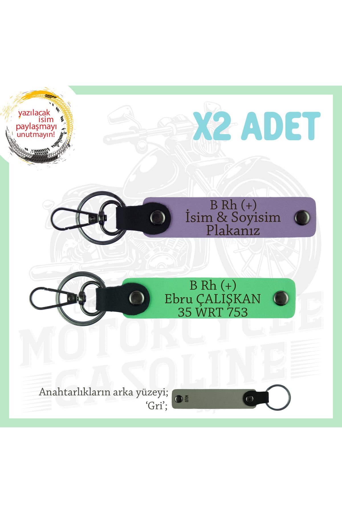 Miaju Bikerlar İçin Özel, İsim Plaka ve B+ Kan Grubu Yazılı Hediyelik x2 Anahtarlık Takımı, Mor-F Yeşil-Gr