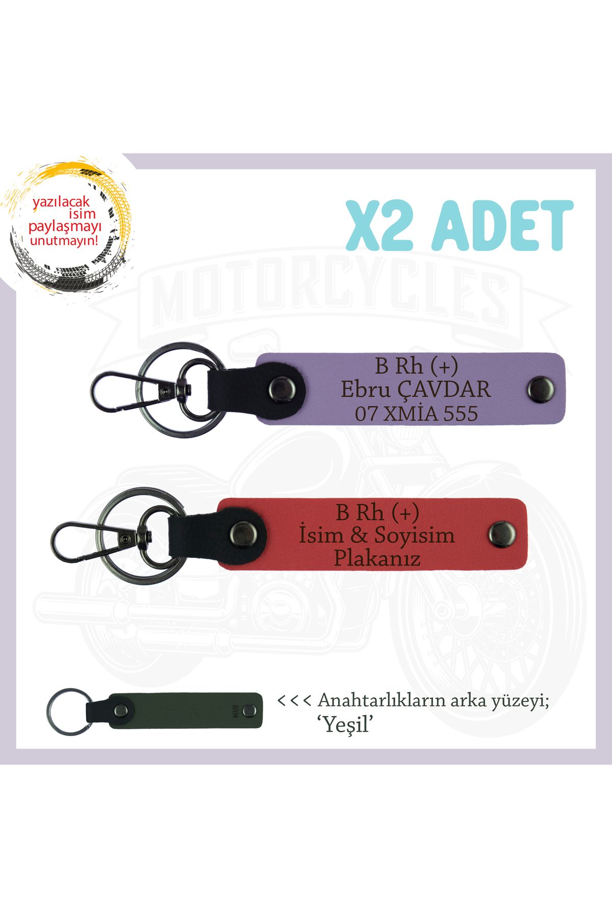 Miaju Motosiklet Maceracılarına, İsim Plaka ve B Rh (+) Kan Grubu, x2 Set Anahtarlık, Nar Çiçeği-Mor-Ysl