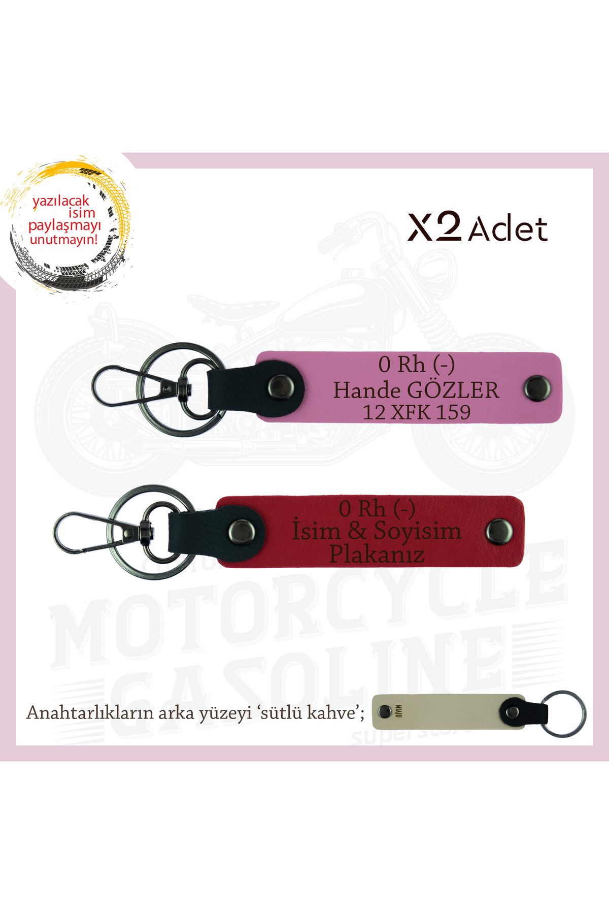 Miaju Motosiklet Aşıkları İçin İsim Plaka ve 0 Rh (-) Kan Grubu Yazılı x2 Anahtarlık Set, Kırmızı-Pembe-SK