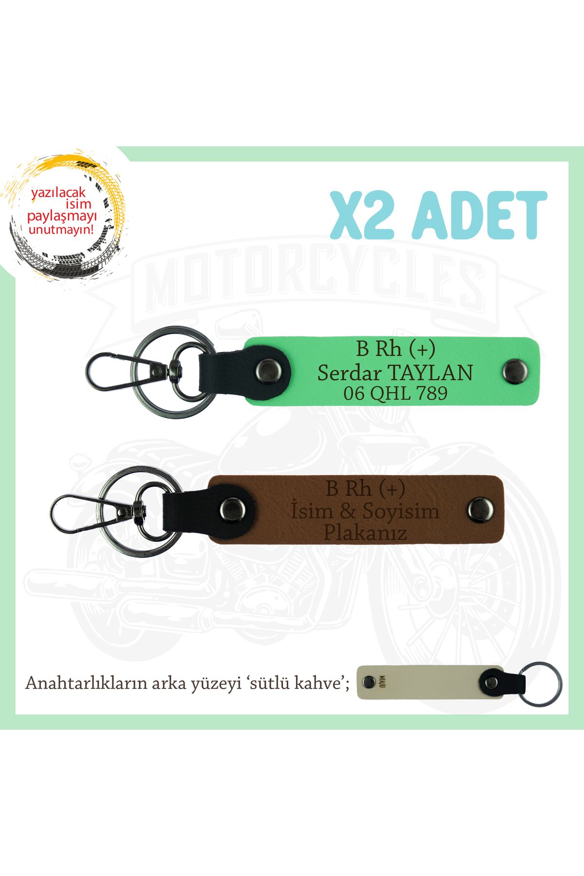 Miaju Bikera Özel Tasarım, İsim Plaka ve B Rh (+) Kan Grubu Yazılı x2' li Anahtarlık Set, Kahve-F Yeşil-SK