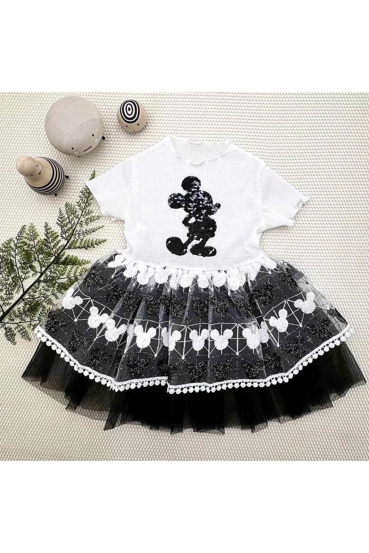 onlinebutik Petli Mickey Baskılı Brode Etekli Kız Bebek Elbisesi Siyah