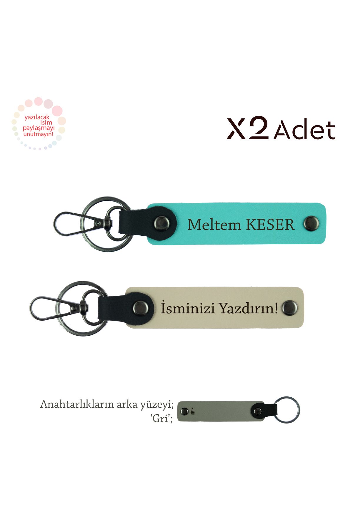 Miaju Anneye Yılbaşı Hediyesi, İsimli & Soyisimli 2’li Anahtarlık Hediye Takımı, Sütlü Kahve-Turkuaz-Gri