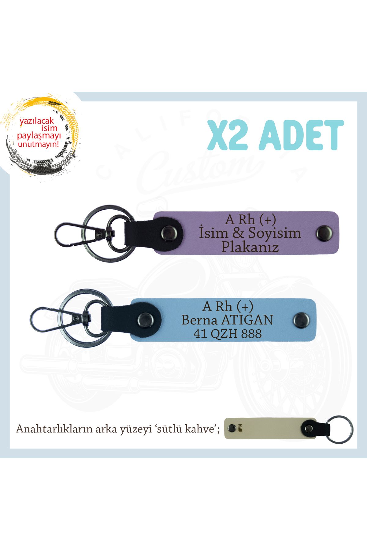 Miaju Ehliyeti Olanlara Özel İsim Plaka ve A Rh (+) Kan Grubu Yazılı x2 Anahtarlık Hediye Set, Mor-Mavi-SK
