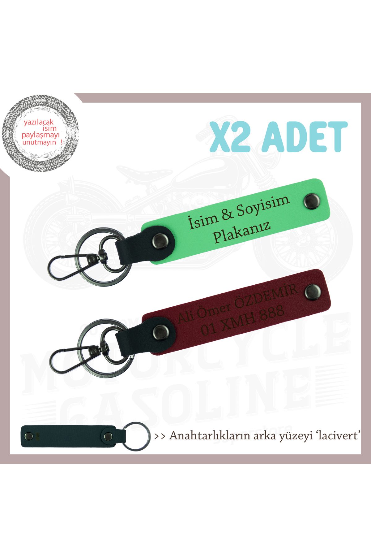 Miaju Kaliteli Malzeme, Kişisel Dokunuş – Plaka ve İsim Yazılı x2 Deri Anahtarlık, Fıstık Yeşil-Bordo-Laci