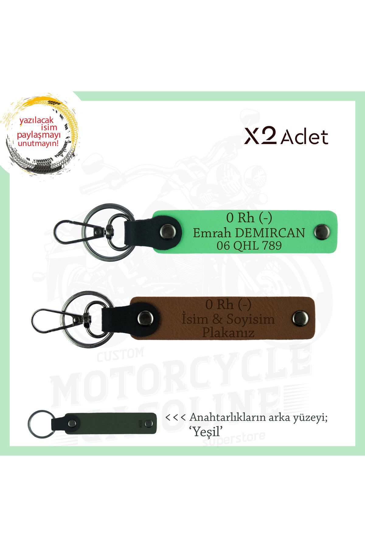 Miaju Bikerlar İçin, İsim Plaka ve 0 Rh (-) Kan Grubu, Özel Tasarım x2 Anahtarlık Set, Kahve-F Yeşil-Ysl