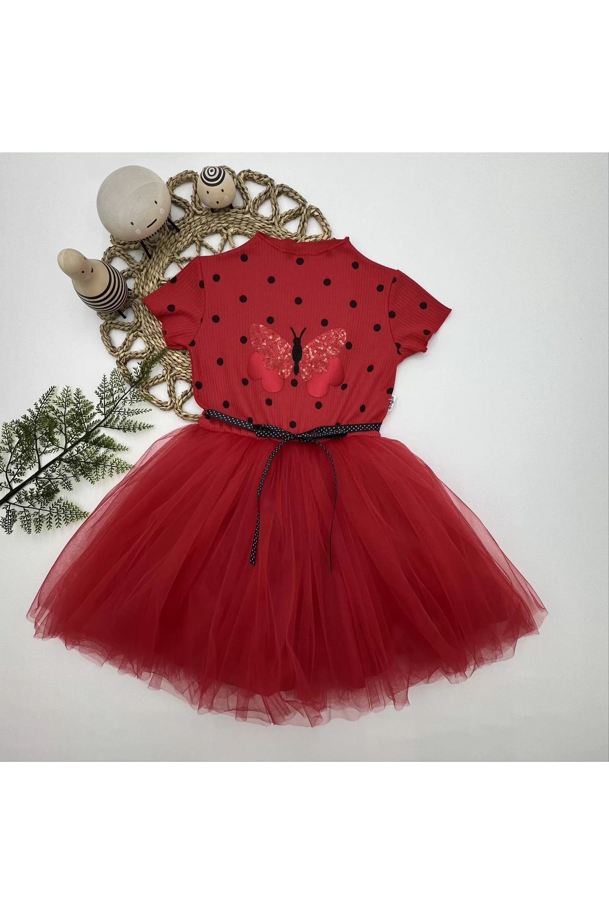 onlinebutik Petli Kelebek Desenli Puantiyeli Kız Çocuk Elbisesi Kırmızı