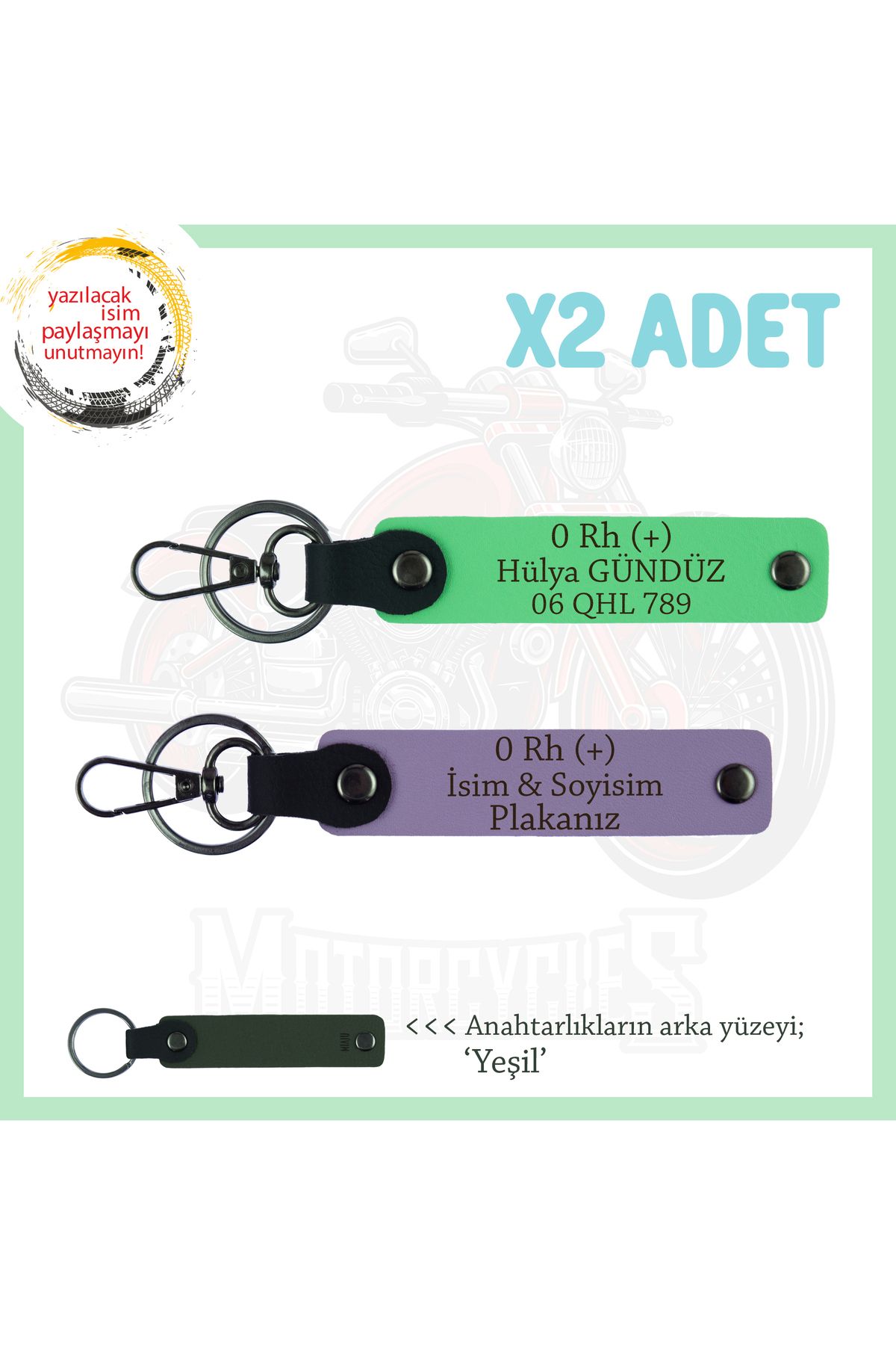 Miaju Hız Severlere Uygun Süpriz, İsim Plaka ve 0 Rh (+) Kan Grubu Yazılı x2 Anahtarlık Set, Mor-Mavi-Ysl