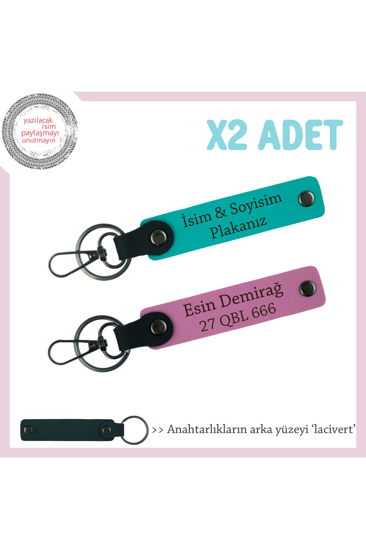 Miaju Sevdiklerinize Çok Özel Hediye, İsim Ve Plaka ve Yazılı, x2'li Anahtarlık, Koyu Turkuaz-Pembe-Laci