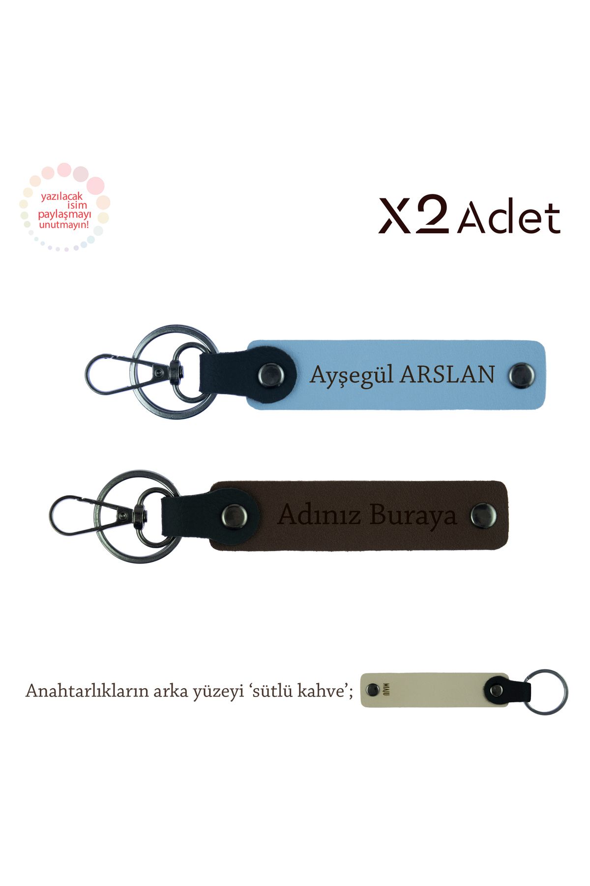 Miaju Sevgiliye İlk Buluşma Hatırası, İsim & Soyisim Yazılı 2’li Anahtarlık, K Kahve-Gök Mavi-Sütlü Kahve