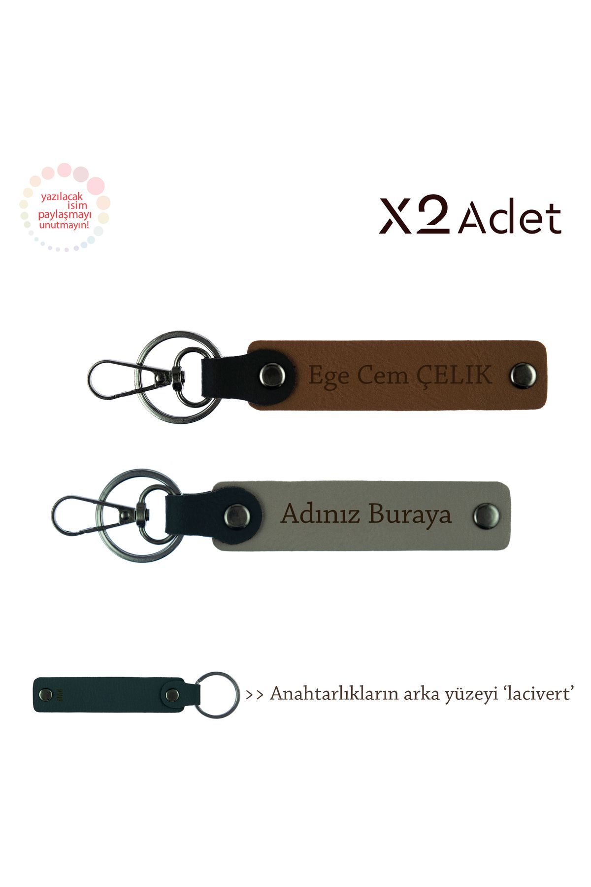 Miaju Sevgiliye 14 Şubat Armağanı, İsimli & Soyisimli 2’li Anahtarlık Seti, Kül Gri-Açık Kahve-Lacivert