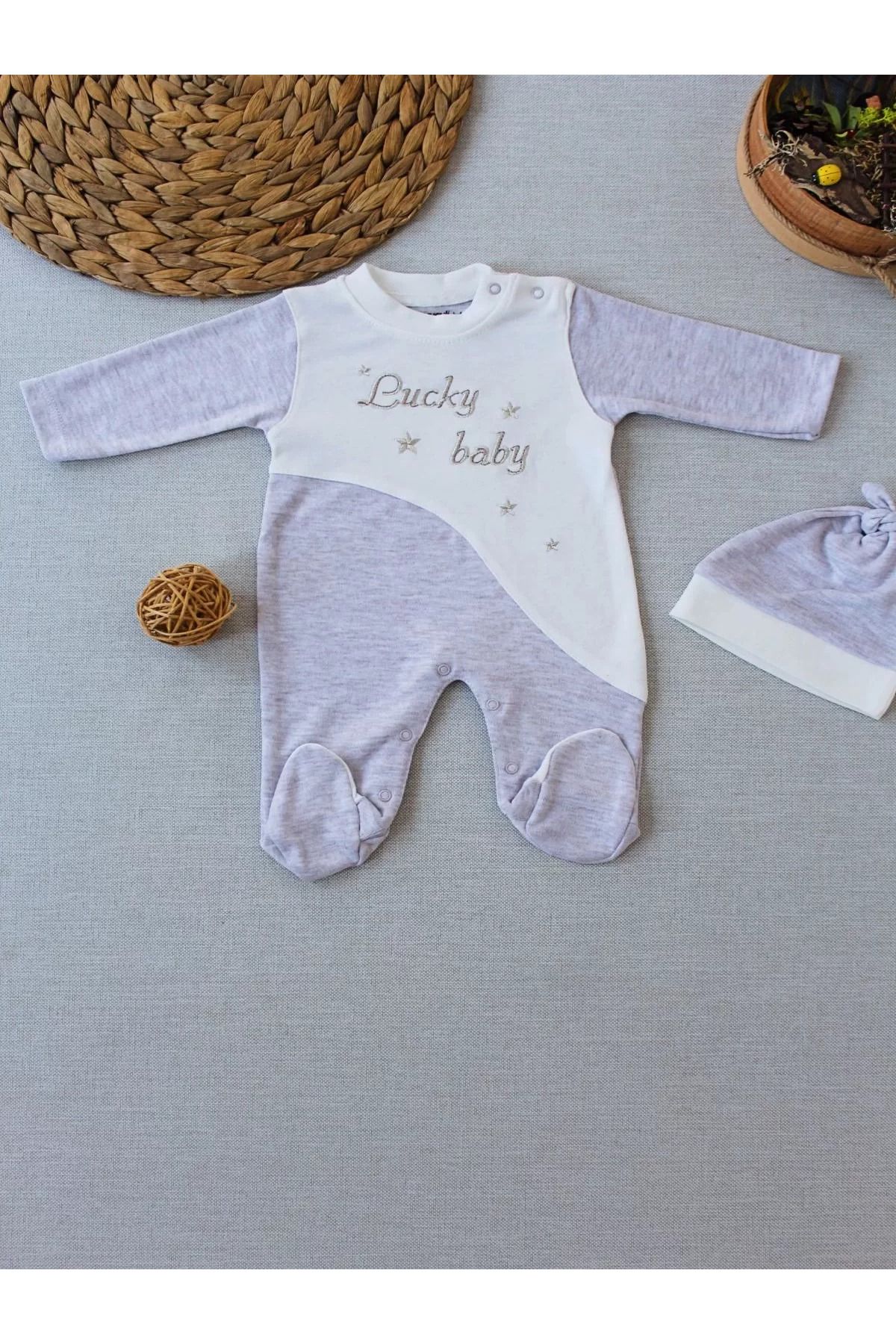 onlinebutik Lucky Baby Nakışlı Es Çizgi Boy Şapkalı Erkek Bebek Tulumu Kahvemelanj