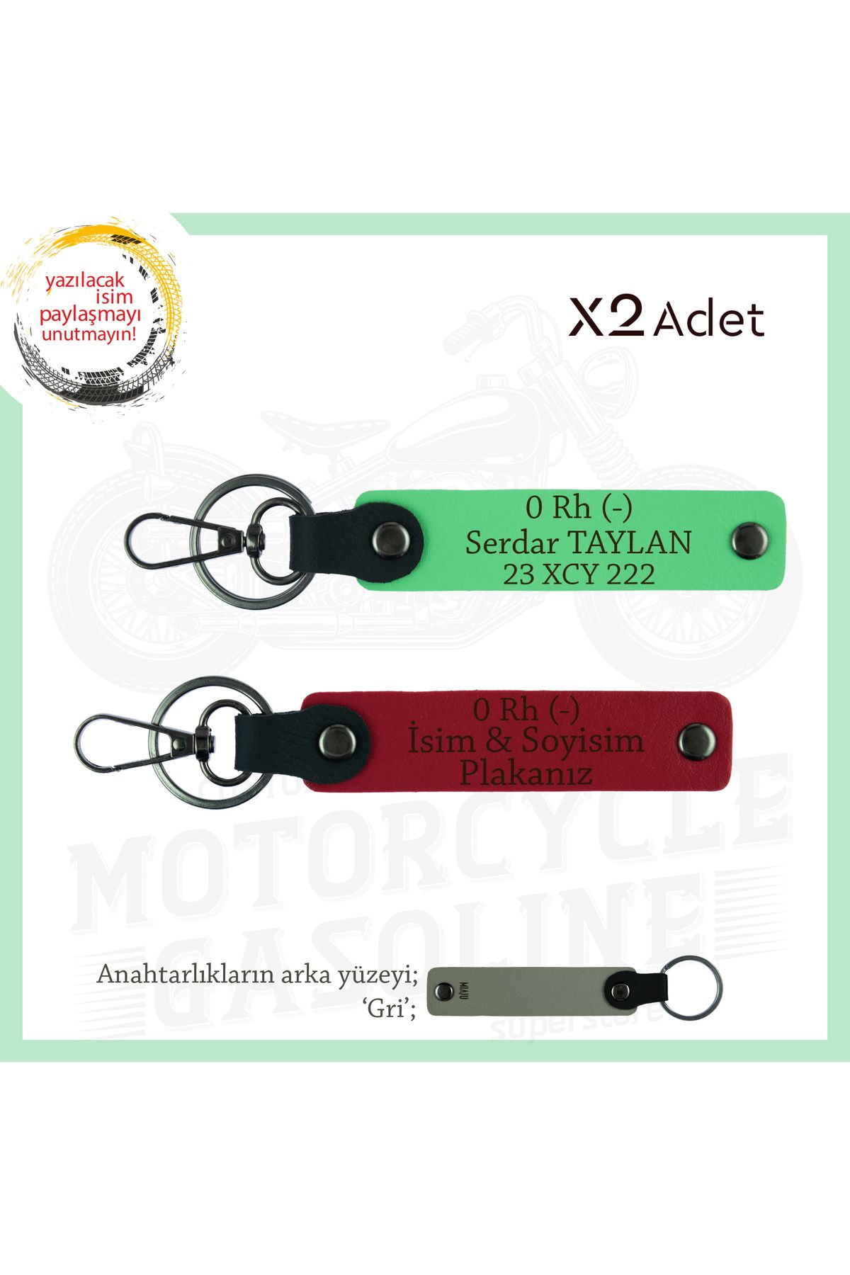 Miaju Motor Tutkunlarına, İsim Plaka ve 0 Rh (-) Kan Grubu Yazılı, x2 Anahtarlık Set, Kırmızı-F Yeşil-Gr