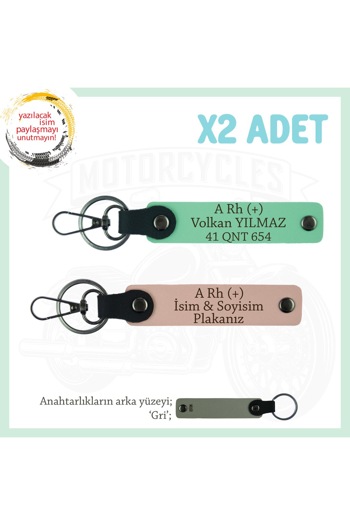 Miaju Motor Severlere Özel İsim Plaka, A+ Kan Grubu Yazılı Özel Tasarım x2 Anahtarlık, Yavruağzı-Yeşil-Gr