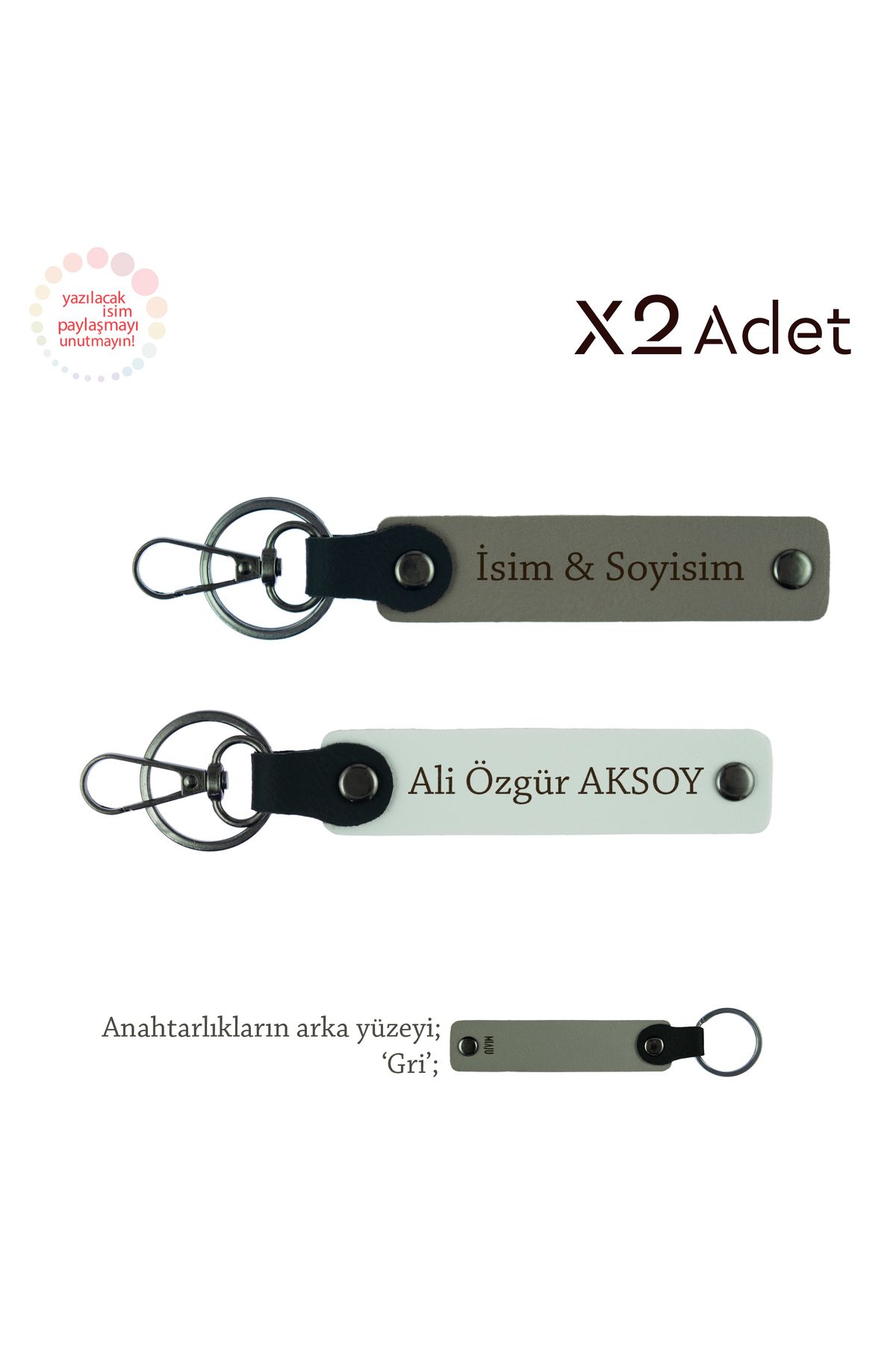 Miaju Öğretmene Anlamlı Armağan, İsim & Soyisim Kişiselleştirilmiş 2’li Anahtarlık, Kül Gri-Beyaz-Gri
