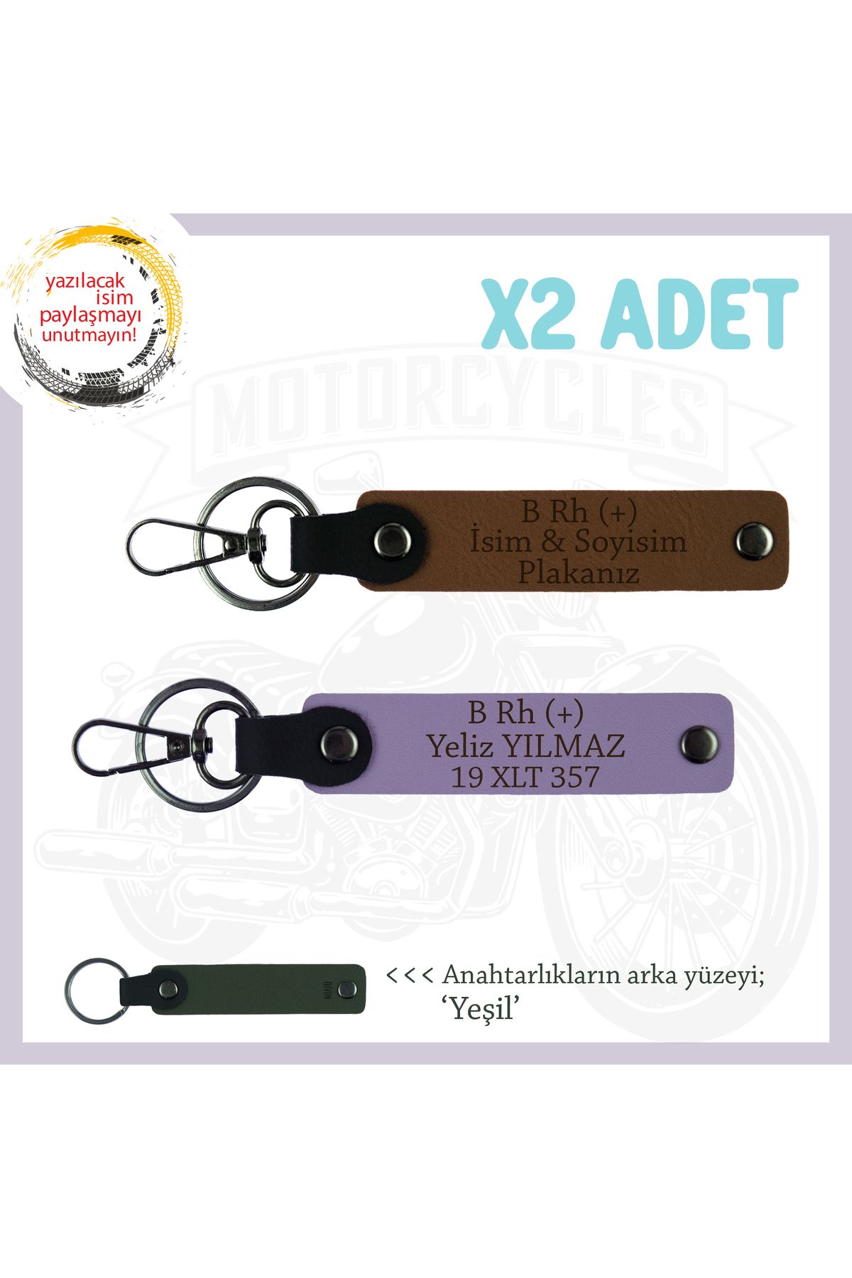 Miaju Motorcu Dostlara, İsim Plaka ve B Rh (+) Kan Grubu Yazılı Özel x2' li Set Anahtarlık, Kahve-Mor-Ysl