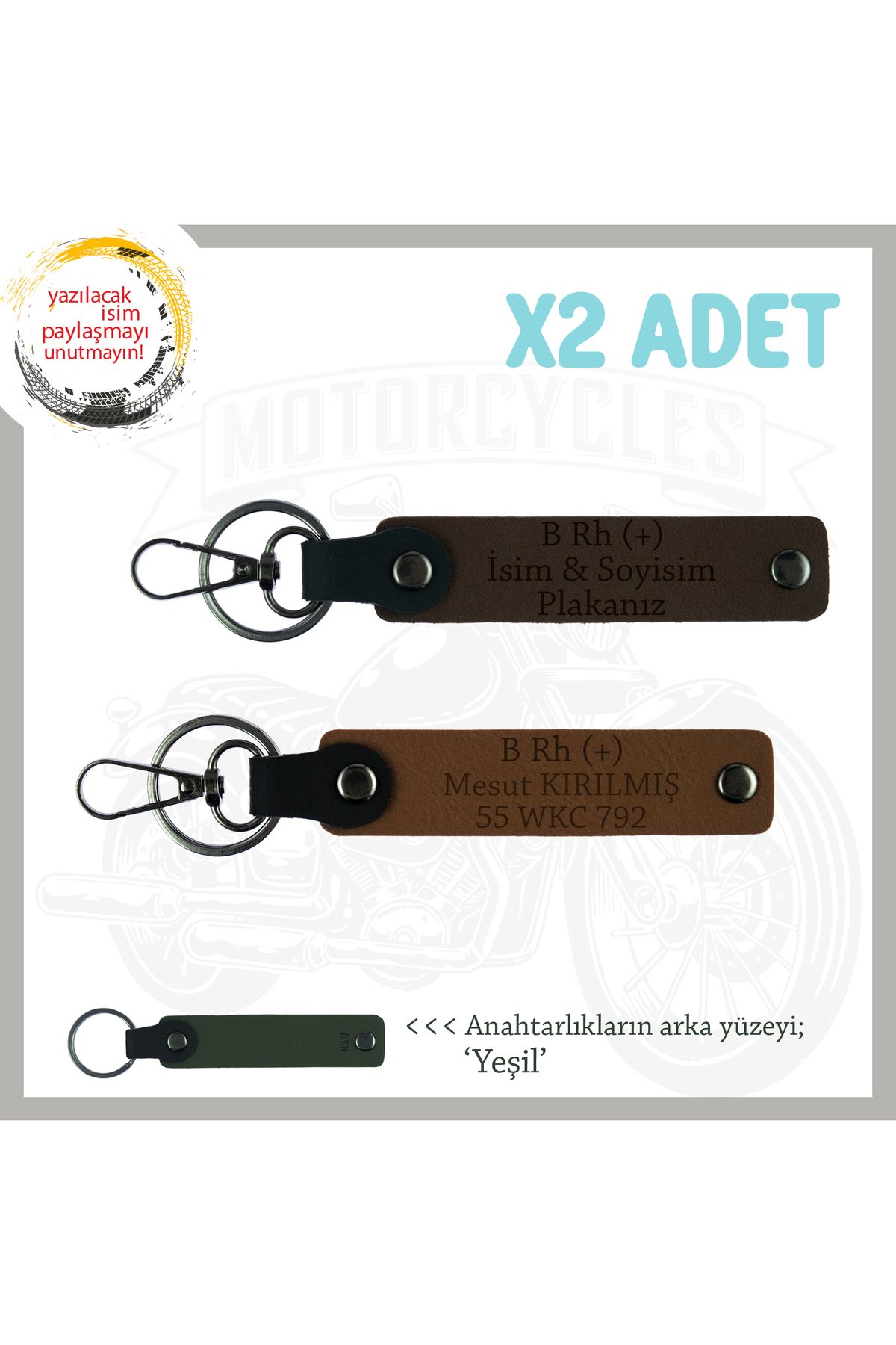 Miaju Motor Severlere, İsim Plaka ve B + Kan Grubu Yazılı Anlamlı Hediye x2 Anahtarlık, Kahve-K Kahve-Ysl