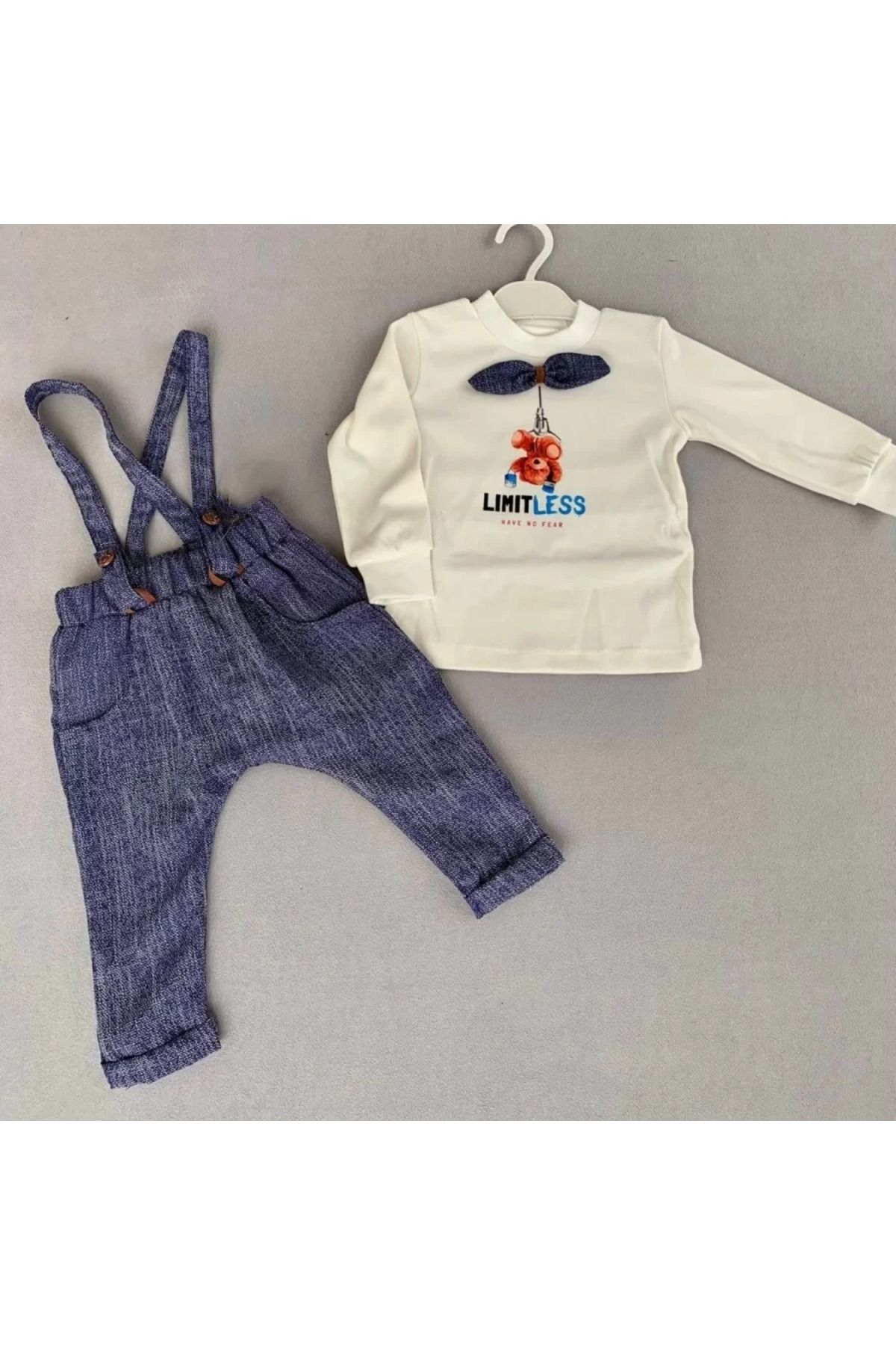 onlinebutik Papyonlu Sweat Kot Pantolon 2li Erkek Bebek Salopet Takımı Lacivert