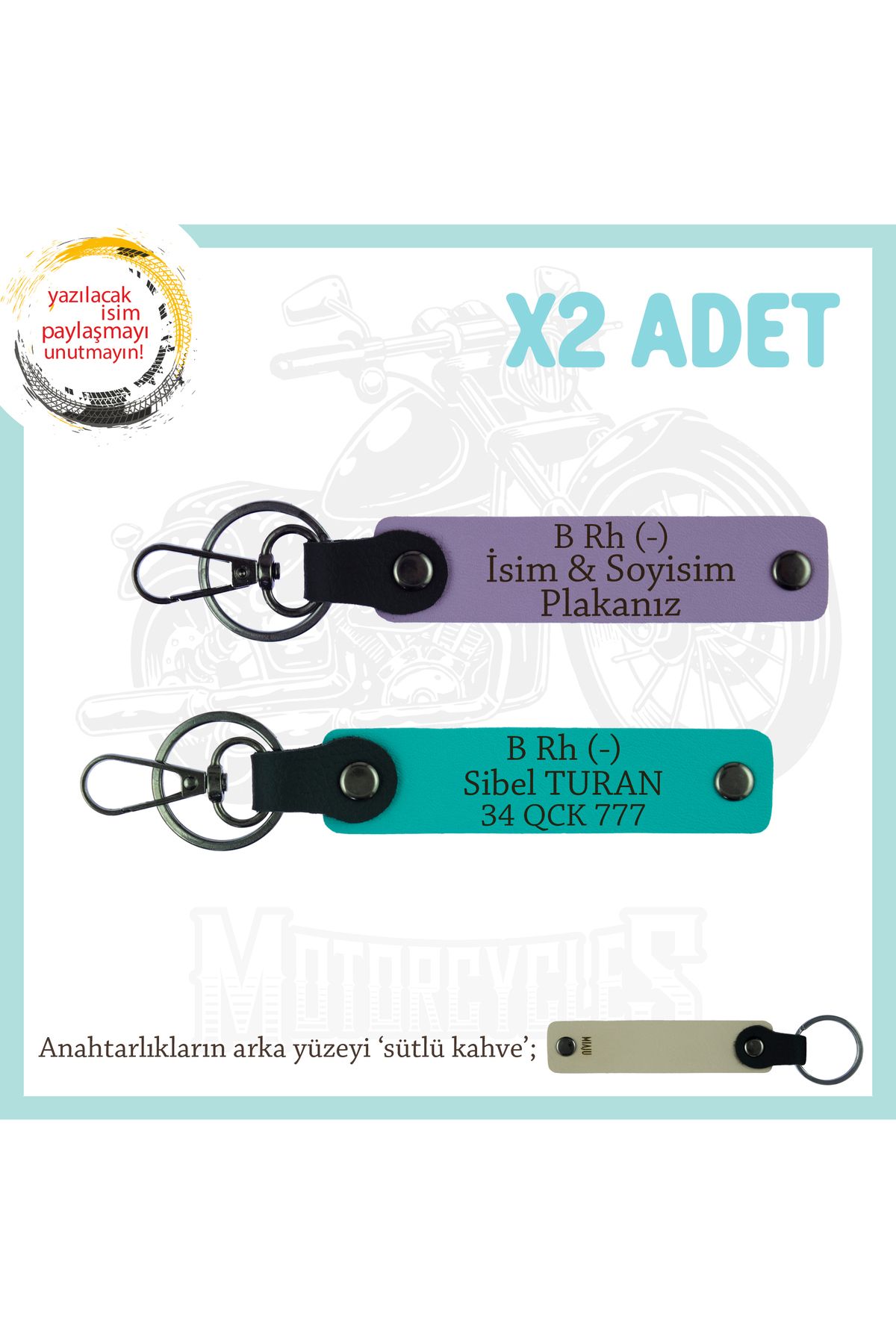 Miaju Motosiklet Severlere Özel, İsim Plaka ve B Rh (-) Kan Grubu, Acil Durum Anahtarlık, Mor-K Turkuaz-SK