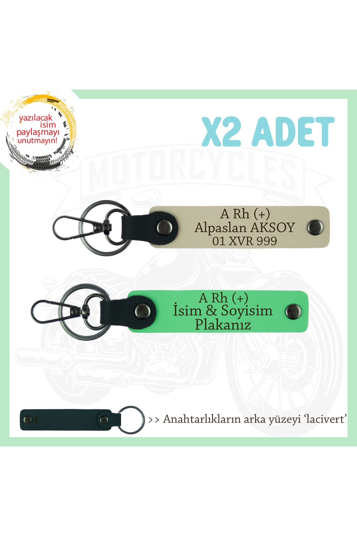 Miaju Motorcu Tarzı Plakalı & İsimli Deri x2' li Anahtarlık, A Rh (+) Kan Grubu ile, S Kahve-F Yeşil-Laci