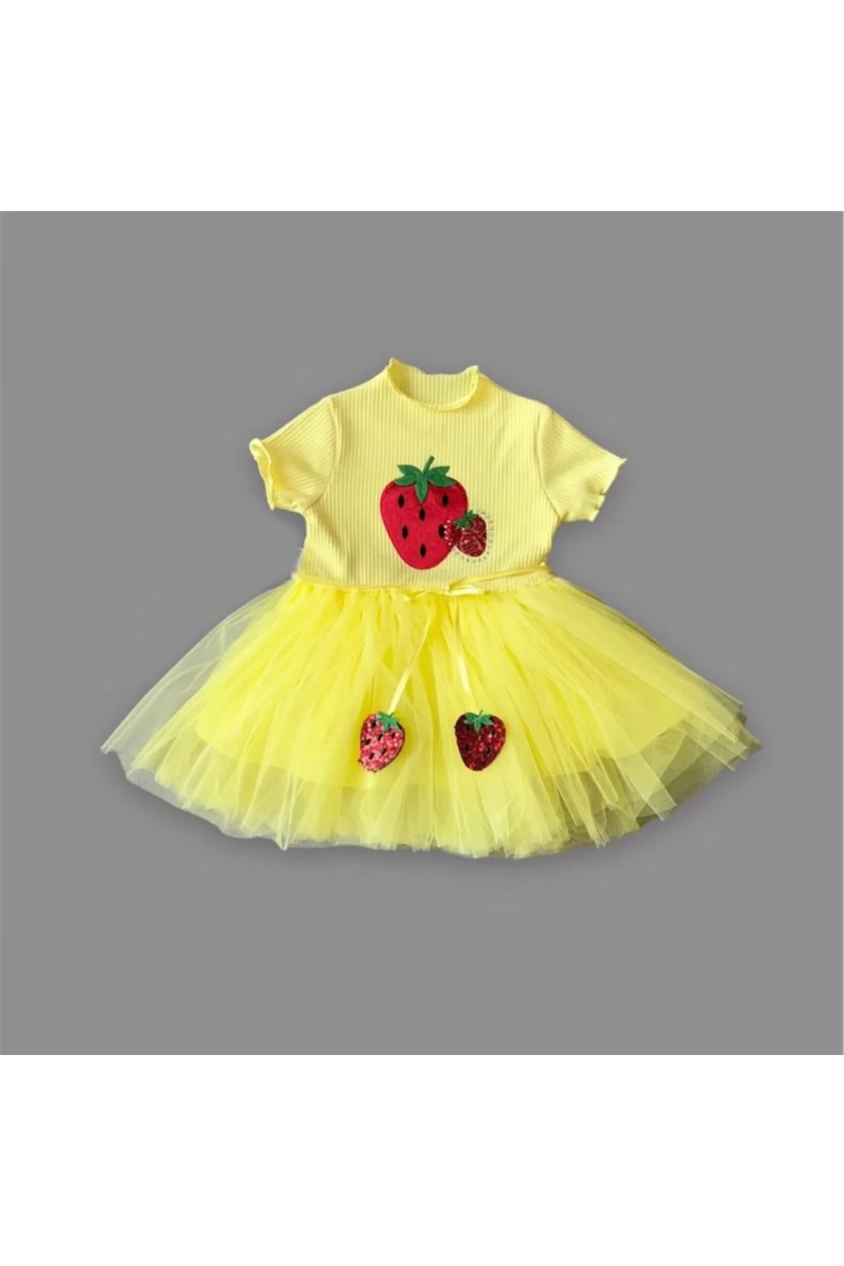 onlinebutik Petli Çilek Baskılı Çilek Kuşaklı Kız Bebek Elbisesi Sarı